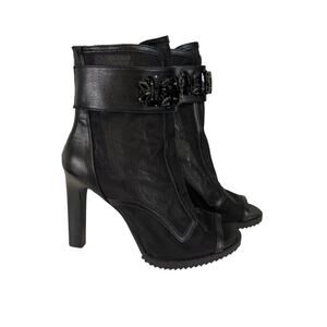 Karl Lagerfeld Black Blayze Embellished Strap Peep Toe Heels Boots Womens Sze 7M